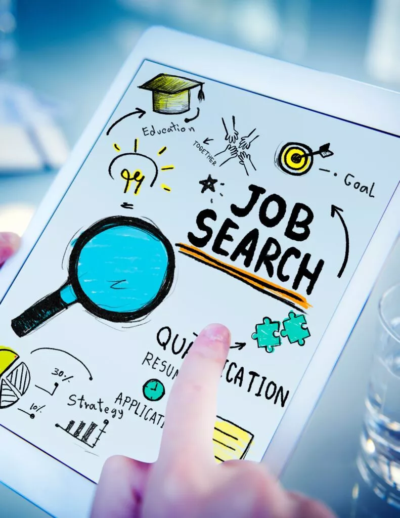 Tablet, das unter Headline Job Search verschiedene Icons zum Thema Jobsuche anzeigt
