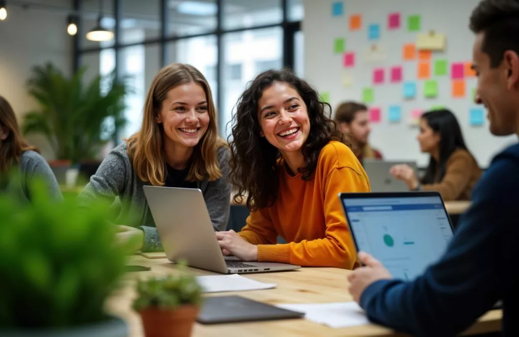 Group of young women, men work together happily on laptops in modern office. Collaborating on project. Casual atmosphere suggests hackathon session. Women smiling, engaged in conversation. Sitting