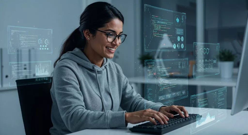 Indian woman coding, working on computer with digital interface. Software developer, IT professional. Represents technology, innovation, career, future. Use for STEM concepts