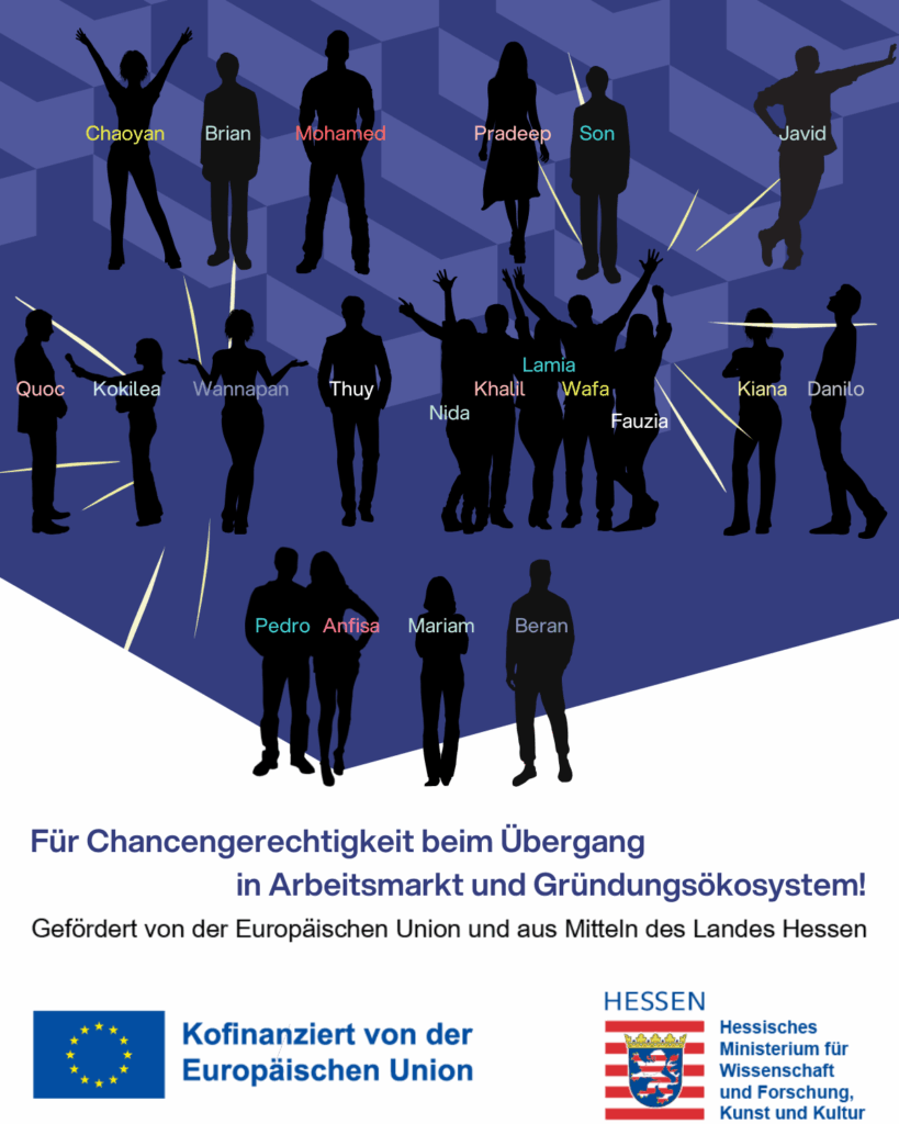 Für Chancengerechtigkeit beim Übergang in Arbeitsmarkt und Gründungsökosystem, dank Förderung von der Europäischen Union und aus Mitteln des Landes Hessen.
